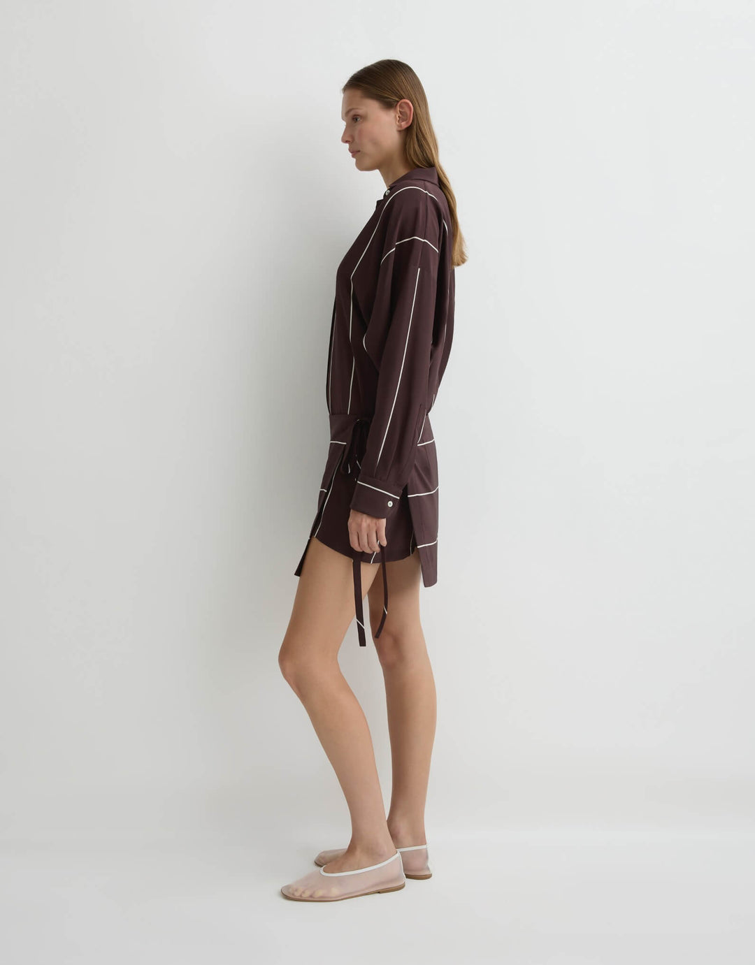Bondi Born Orta Silk Wrap Mini Dress in Mocha Stripe