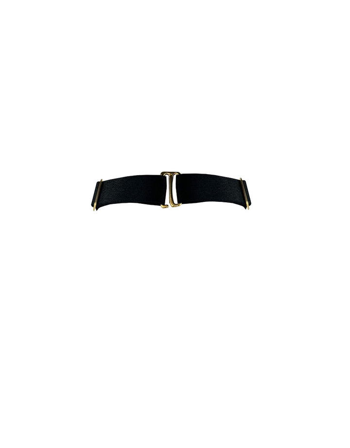 Bordelle Melusina Strap Collar in black satin elastic with 24k gold-plated shell details – shop at Catriona