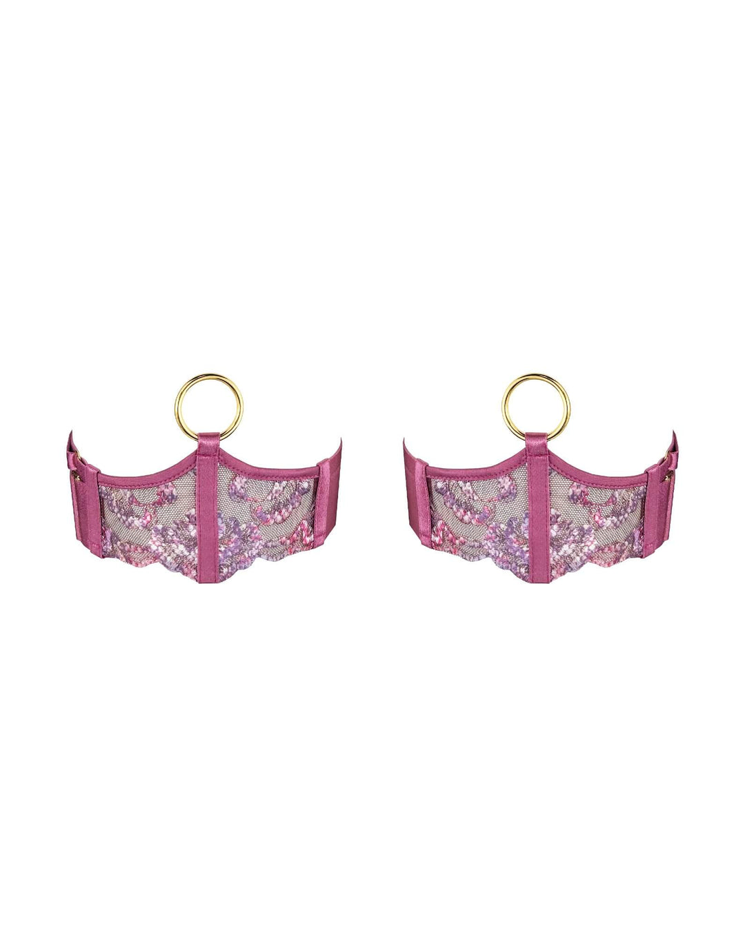 Pair of Bordelle Siren Garters in raspberry embroidered tulle with 24k gold-plated O-rings and satin elastic straps – luxury lingerie at Catriona