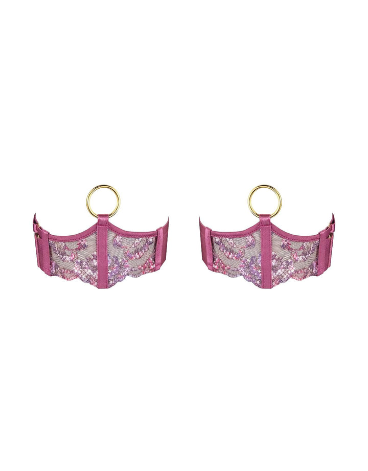 Pair of Bordelle Siren Garters in raspberry embroidered tulle with 24k gold-plated O-rings and satin elastic straps – luxury lingerie at Catriona