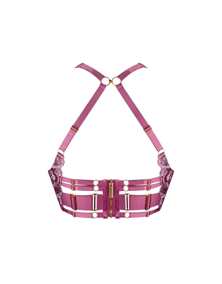 Bordelle Siren Longline Bodice Bra in raspberry embroidered tulle with 24k gold-plated shell details – luxury lingerie at Catriona