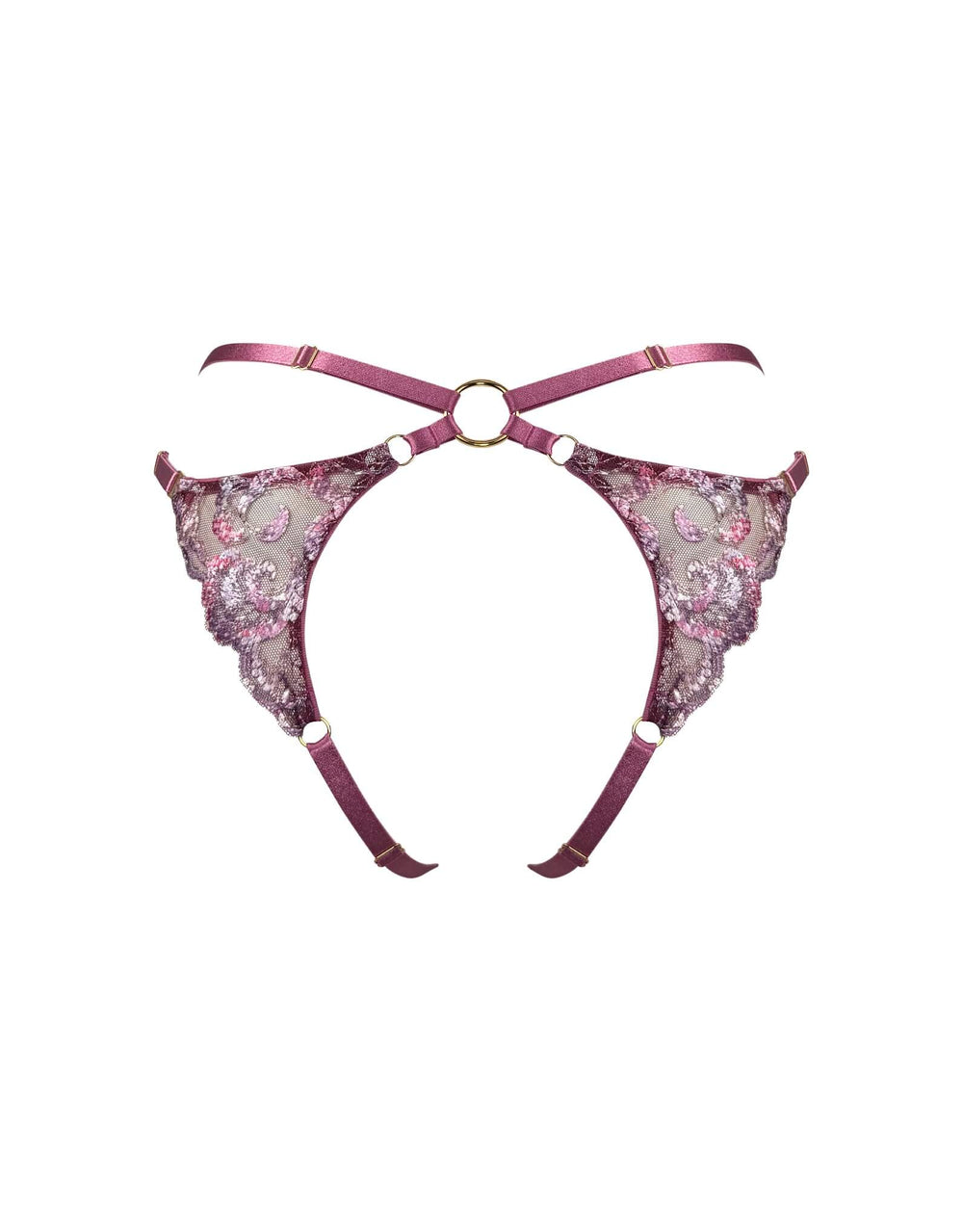 Bordelle Siren Open Back Brief in raspberry embroidery with 24k gold-plated details – luxury lingerie at Catriona