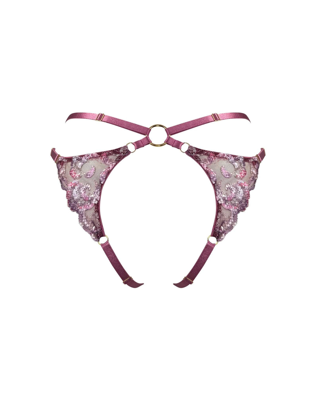 Bordelle Siren Open Back Brief in raspberry embroidery with 24k gold-plated details – luxury lingerie at Catriona