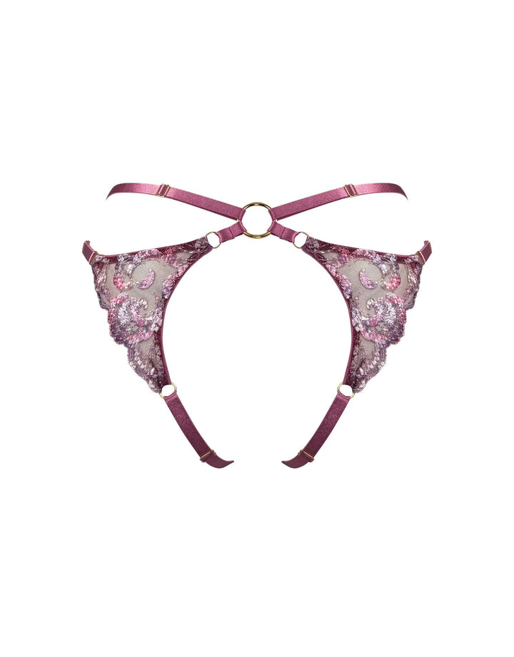 Bordelle Siren Open Back Brief in raspberry embroidery with 24k gold-plated details – luxury lingerie at Catriona