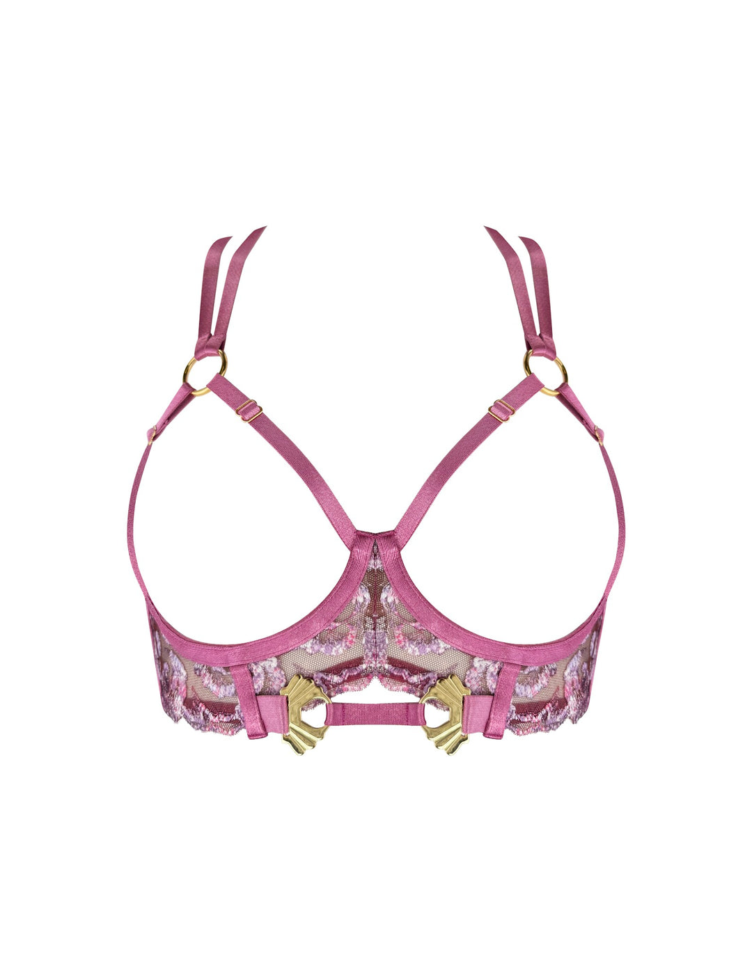 Bordelle Siren Ouvert Wire Bra in raspberry embroidery with 24k gold-plated shells – luxury lingerie at Catriona