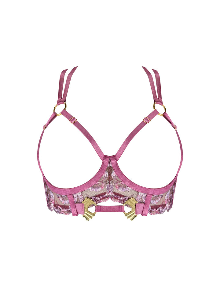 Bordelle Siren Ouvert Wire Bra in raspberry embroidery with 24k gold-plated shells – luxury lingerie at Catriona
