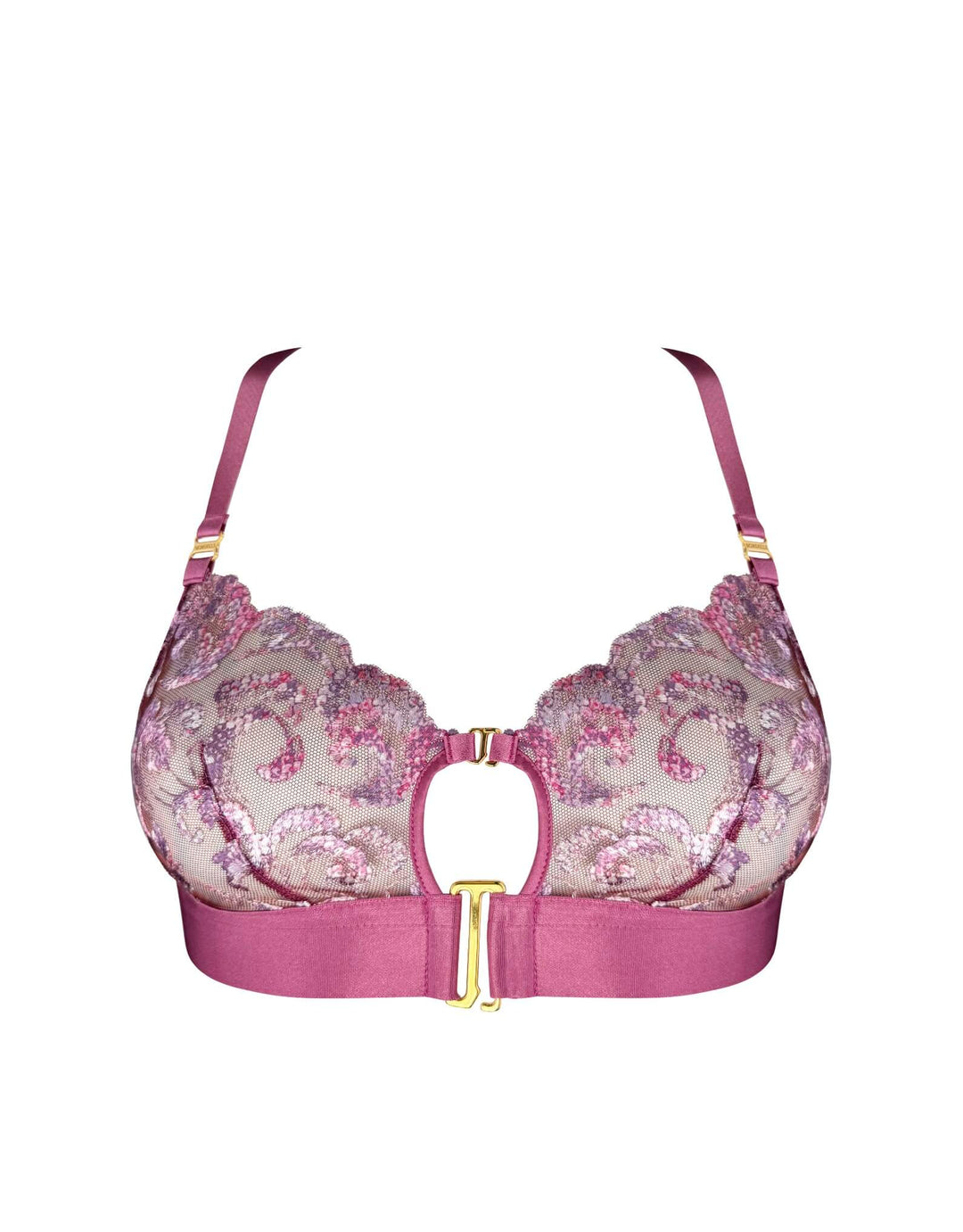 Bordelle Siren Soft Cup Bra in raspberry embroidered tulle with 24k gold-plated shell detail – luxury lingerie at Catriona