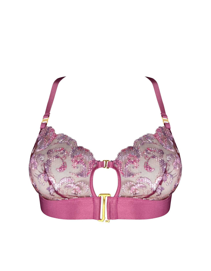 Bordelle Siren Soft Cup Bra in raspberry embroidered tulle with 24k gold-plated shell detail – luxury lingerie at Catriona