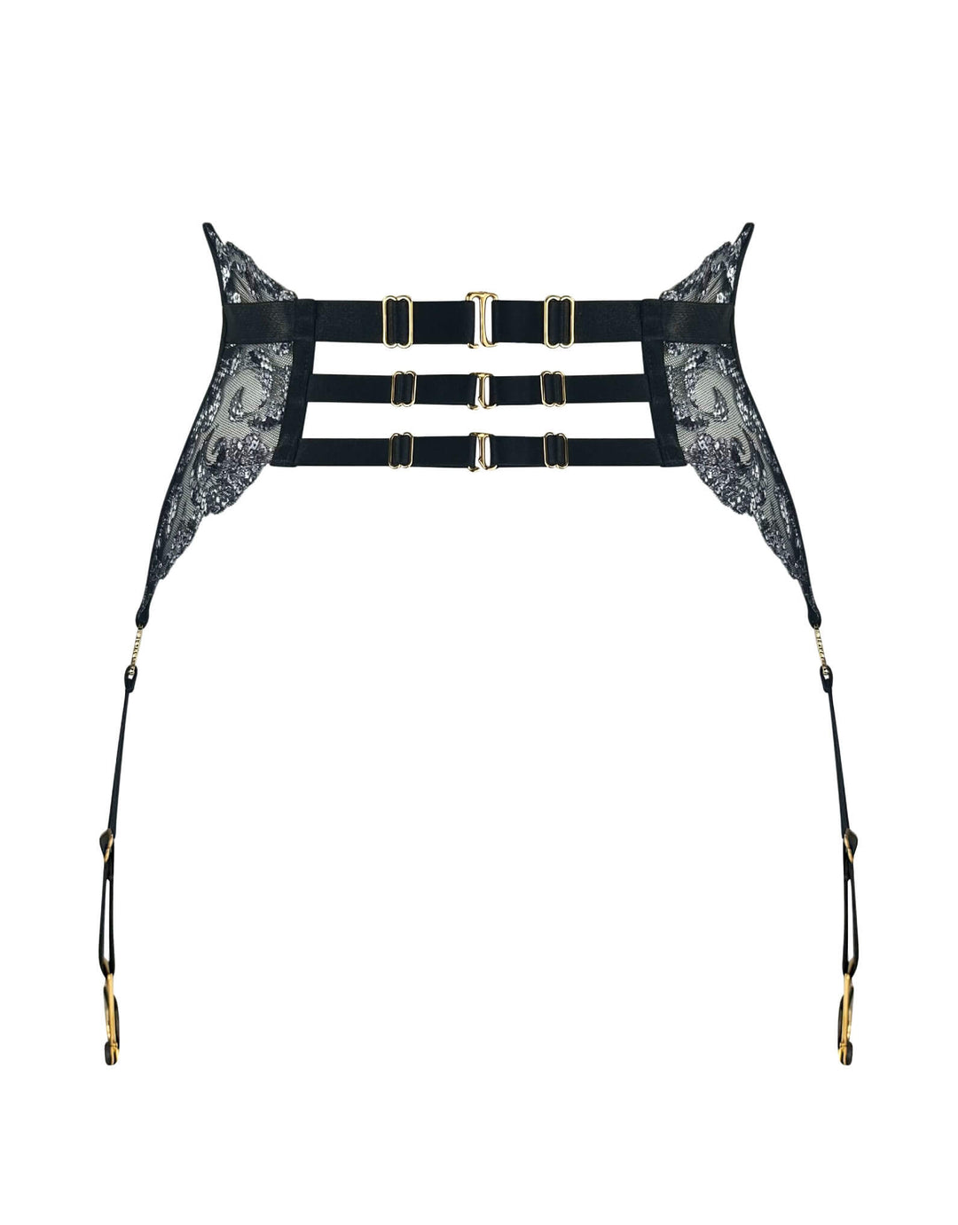 Bordelle Siren suspender in black embroidered lace with 24k gold-plated shells – luxury lingerie at Catriona