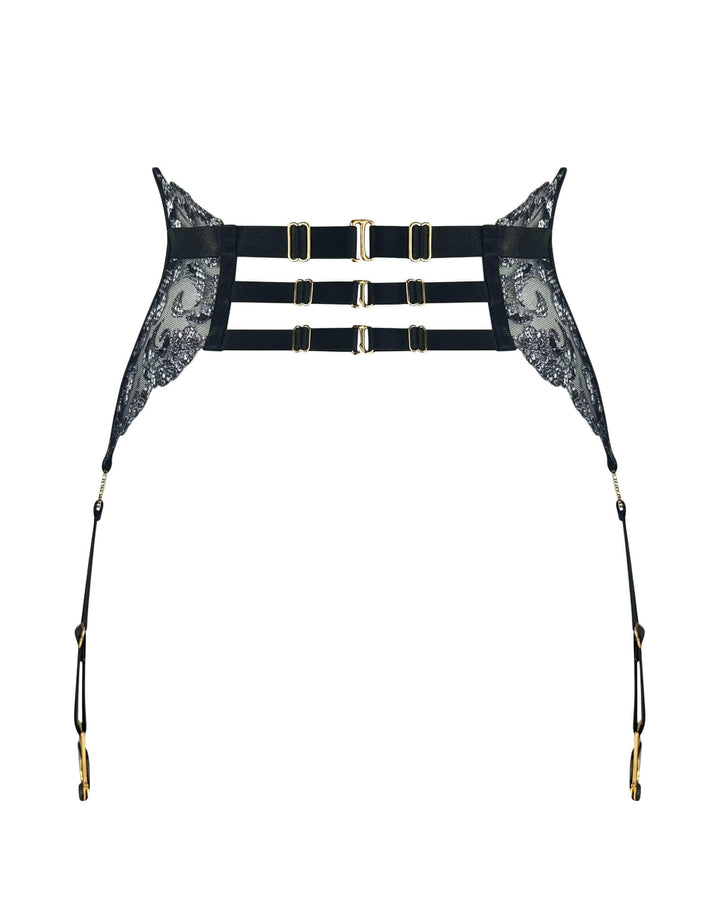 Bordelle Siren suspender in black embroidered lace with 24k gold-plated shells – luxury lingerie at Catriona