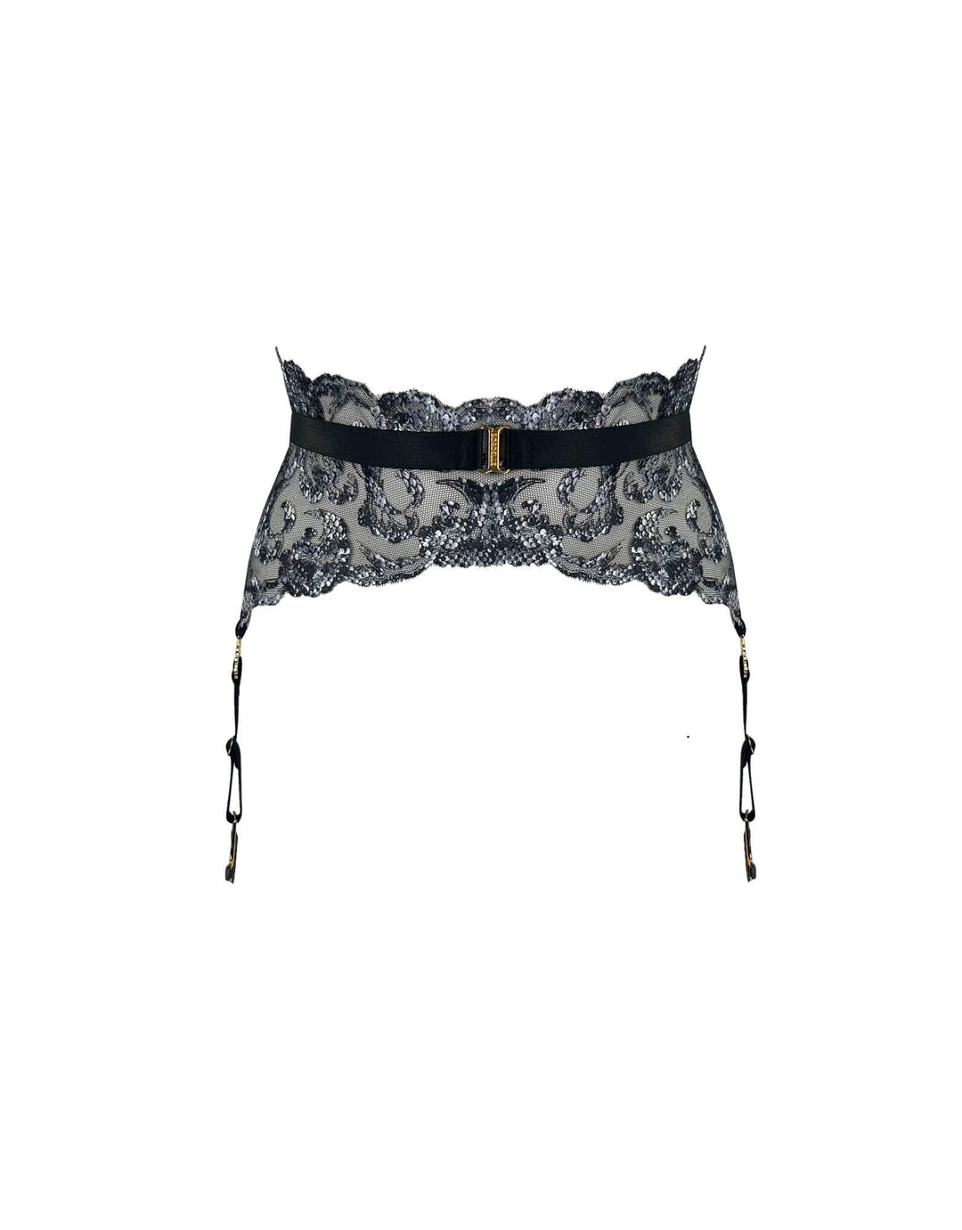 Bordelle Siren Suspender in black embroidered lace with 24k gold-plated shells and satin elastic straps – luxury lingerie at Catriona