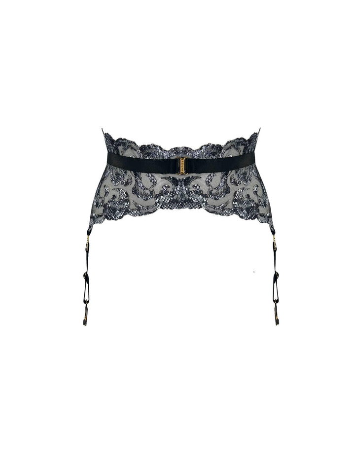 Bordelle Siren Suspender in black embroidered lace with 24k gold-plated shells and satin elastic straps – luxury lingerie at Catriona