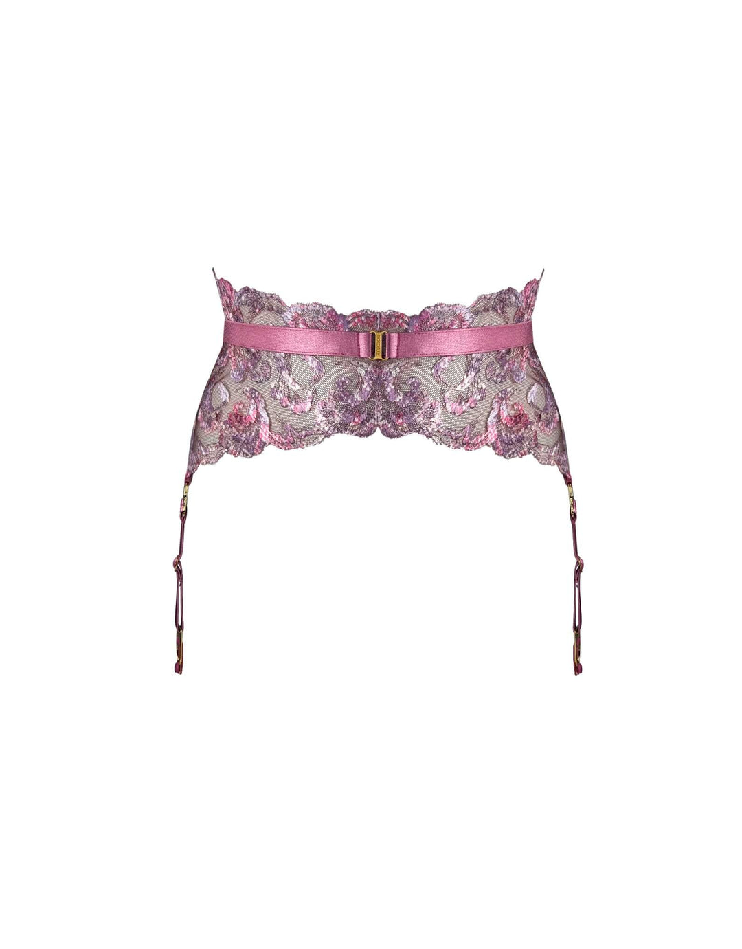 Bordelle Siren Suspender in raspberry embroidered lace with 24k gold-plated shells and satin elastic straps – luxury lingerie at Catriona