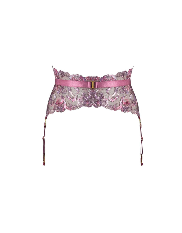 Bordelle Siren Suspender in raspberry embroidered lace with 24k gold-plated shells and satin elastic straps – luxury lingerie at Catriona