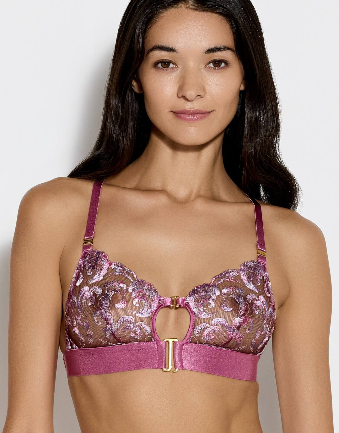Bordelle Siren Soft Cup Bra in raspberry embroidered tulle with 24k gold-plated shell detail – luxury lingerie at Catriona