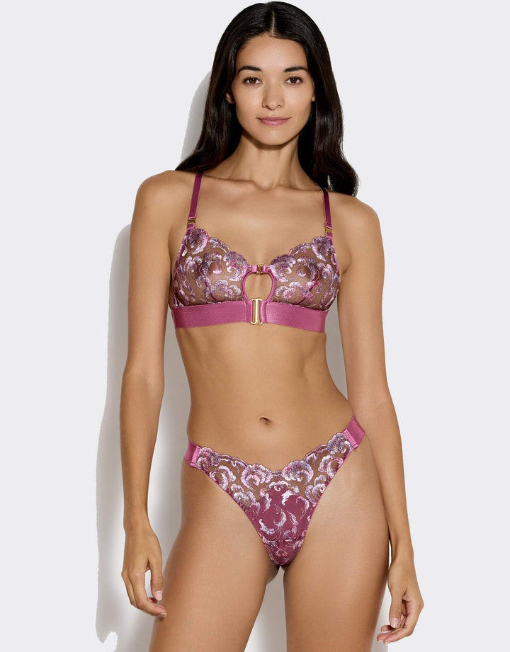 Bordelle Siren Soft Cup Bra in raspberry embroidered tulle with 24k gold-plated shell detail – luxury lingerie at Catriona
