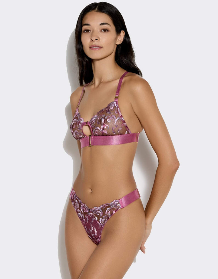 Bordelle Siren Soft Cup Bra in raspberry embroidered tulle with 24k gold-plated shell detail – luxury lingerie at Catriona