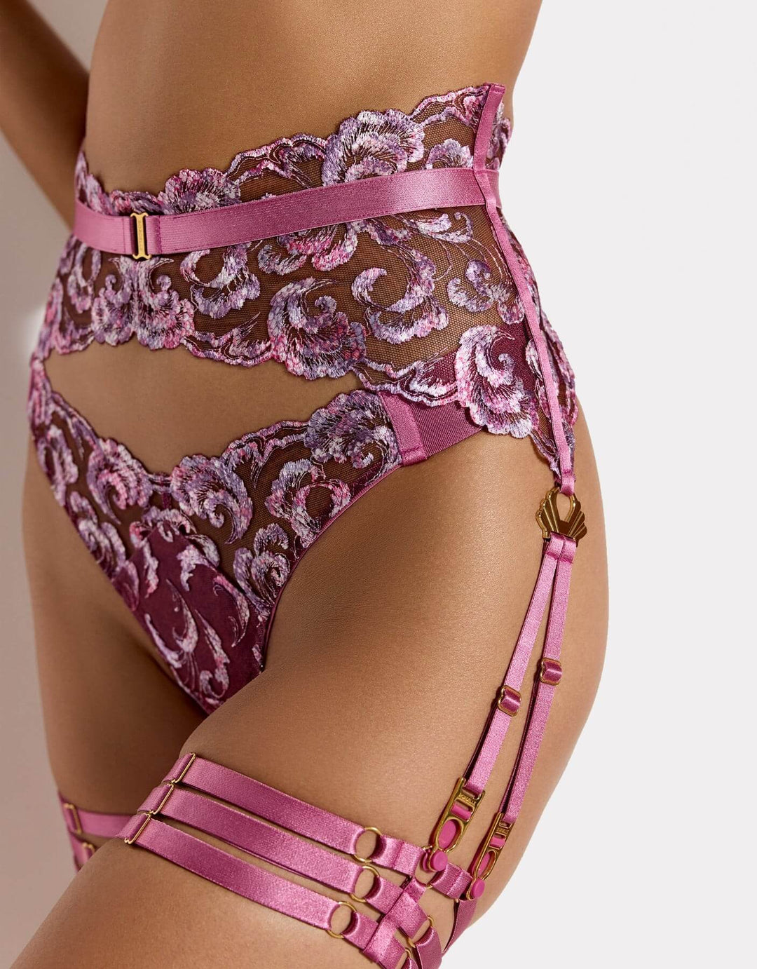 Bordelle Siren Suspender in raspberry embroidered lace with 24k gold-plated shells and satin elastic straps – luxury lingerie at Catriona