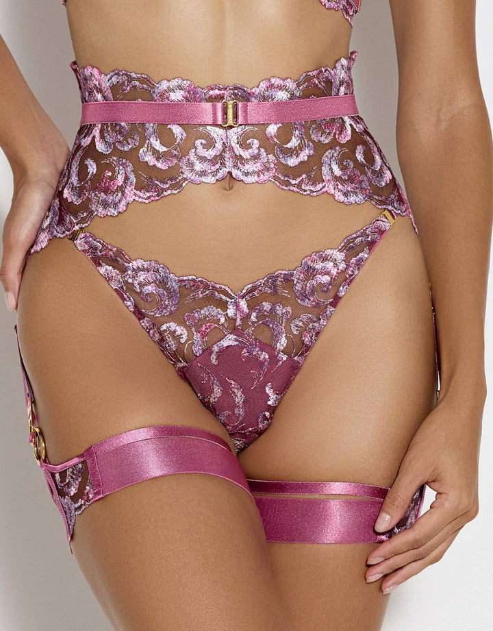 Bordelle Siren Suspender , thong and garters in raspberry embroidered lace with 24k gold-plated shells and satin elastic straps – luxury lingerie at Catriona