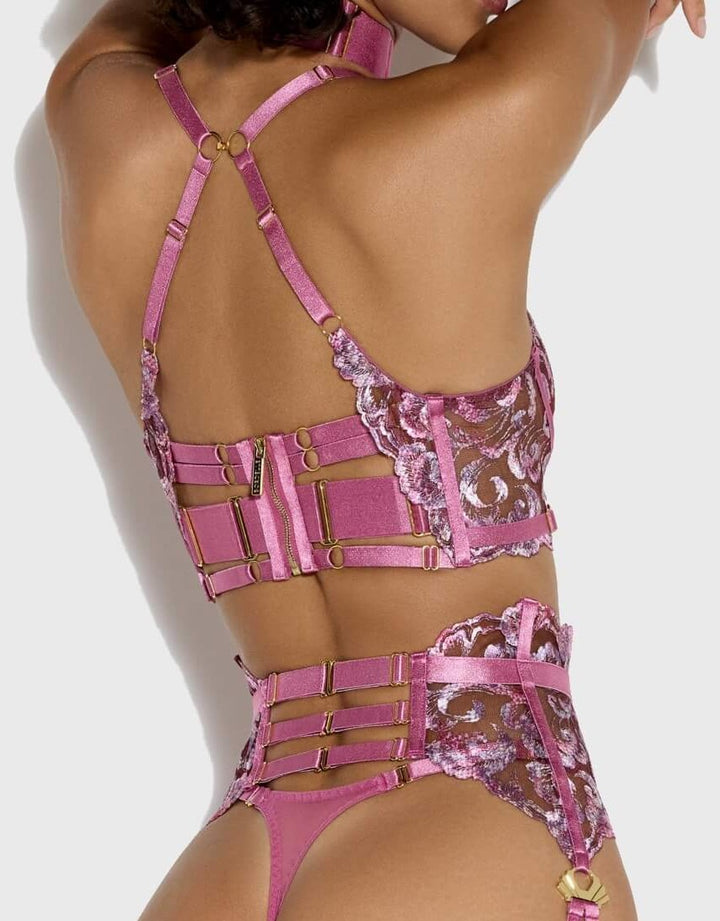 Bordelle Siren longline bra, suspender, thong, garters, collar in raspberry