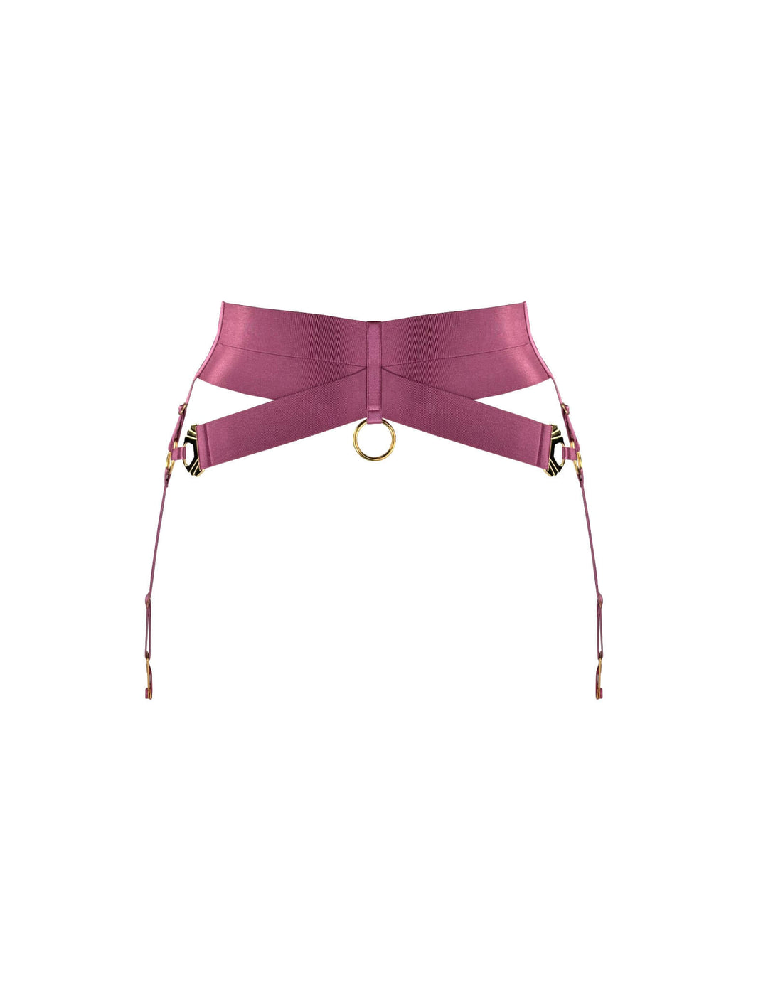 Bordelle Melusina Suspender in raspberry satin elastic with 24k gold-plated shell details and zip fastening – luxury lingerie at Catriona
