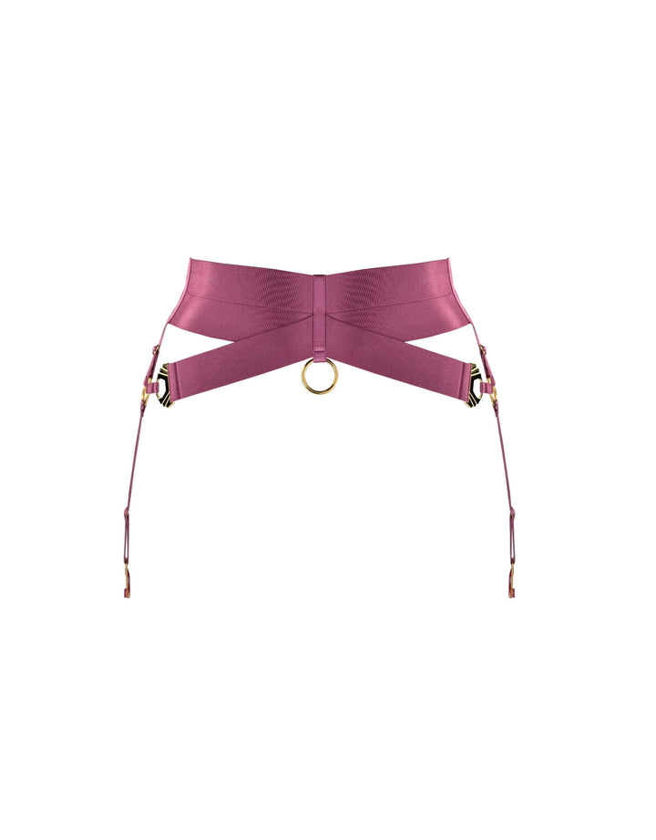 Bordelle Melusina Suspender in raspberry satin elastic with 24k gold-plated shell details and zip fastening – luxury lingerie at Catriona