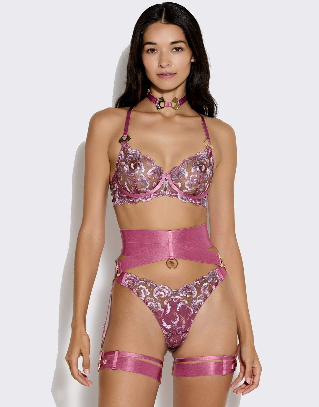 Bordelle Melusina Suspender in raspberry satin elastic with 24k gold-plated shell details and zip fastening – luxury lingerie at Catriona