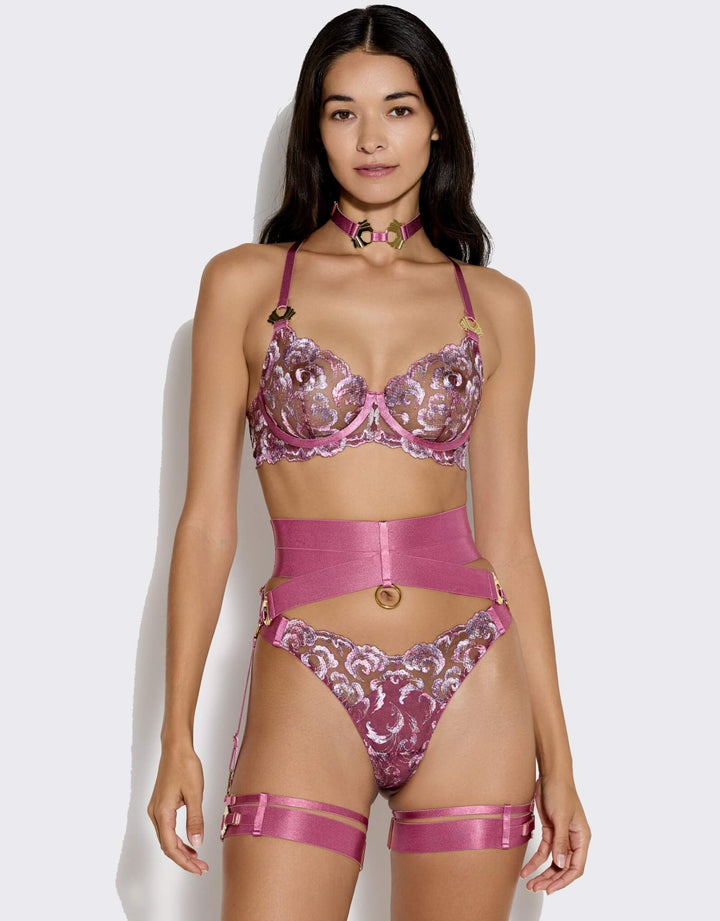 Bordelle Melusina Suspender in raspberry satin elastic with 24k gold-plated shell details and zip fastening – luxury lingerie at Catriona