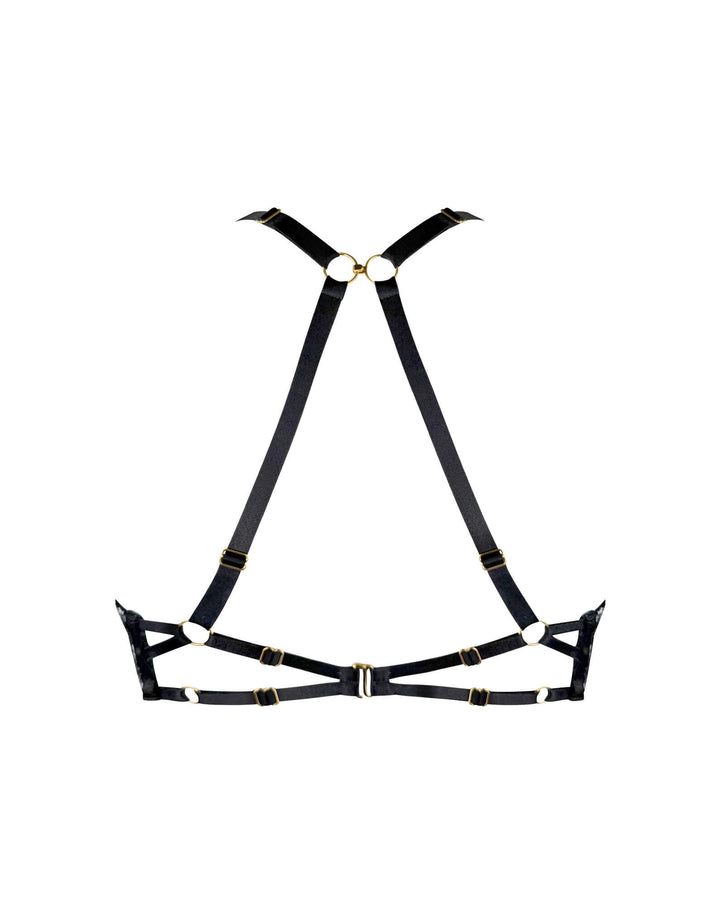 Bordelle Siren Balconette Bra in black embroidered tulle with 24k gold-plated shells and satin straps – luxury lingerie at Catriona