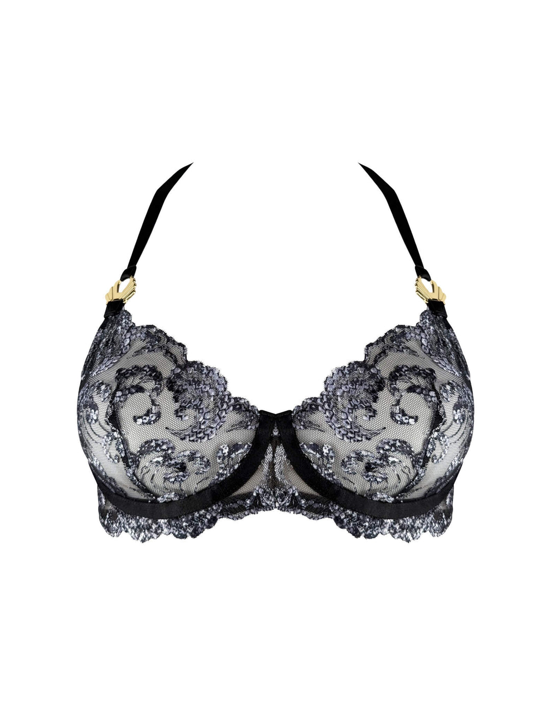 Bordelle Siren Balconette Bra in black embroidered tulle with 24k gold-plated shells and satin straps – luxury lingerie at Catriona