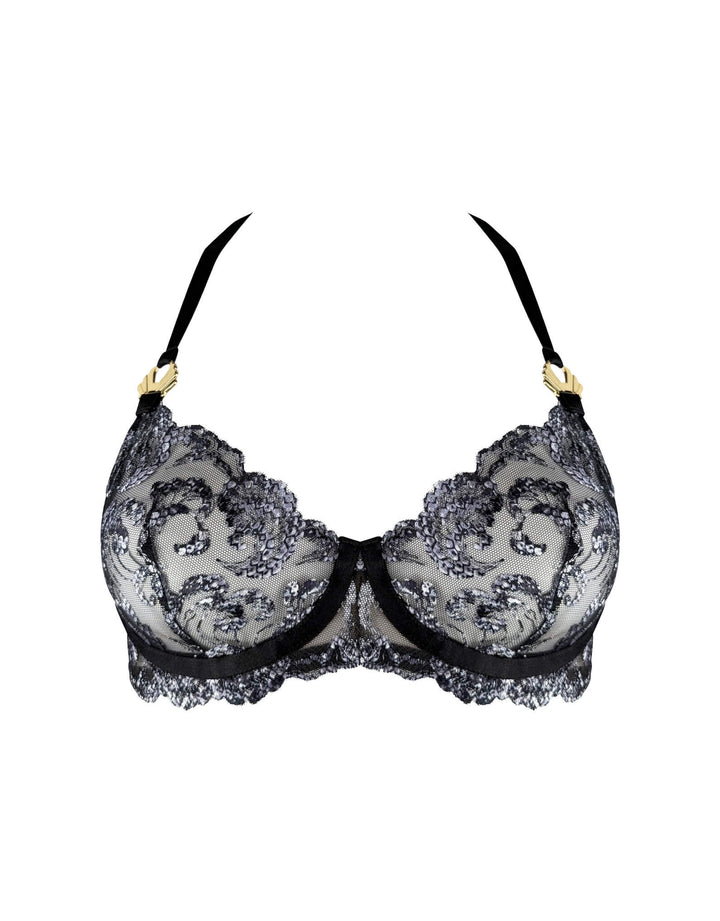 Bordelle Siren Balconette Bra in black embroidered tulle with 24k gold-plated shells and satin straps – luxury lingerie at Catriona