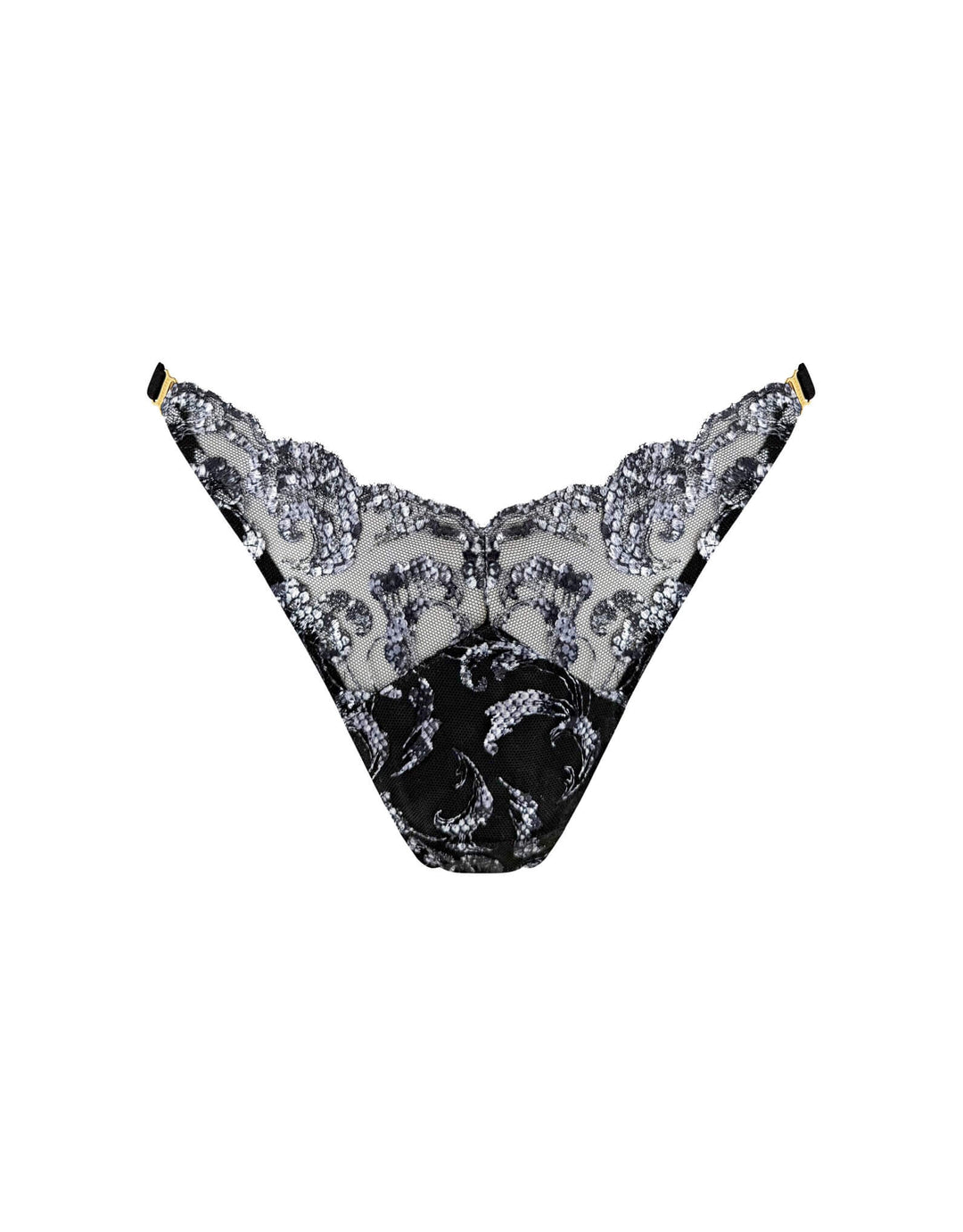 Bordelle Siren Strap Thong in black embroidered tulle with 24k gold-plated hardware – luxury designer lingerie at Catriona