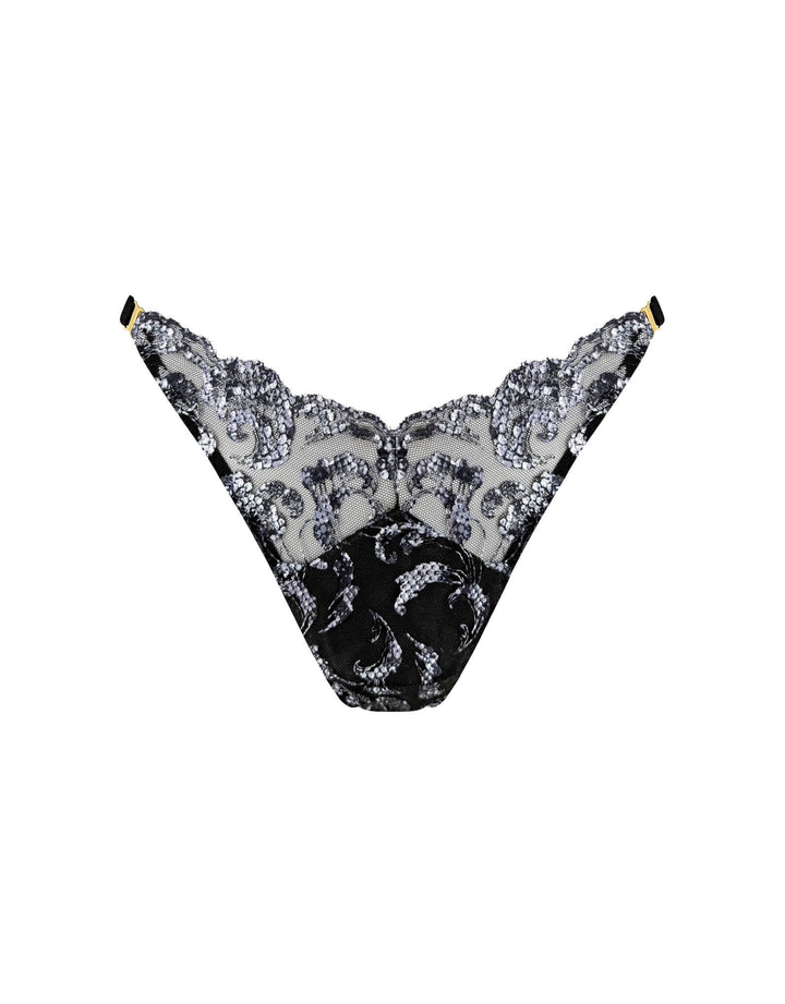 Bordelle Siren Strap Thong in black embroidered tulle with 24k gold-plated hardware – luxury designer lingerie at Catriona