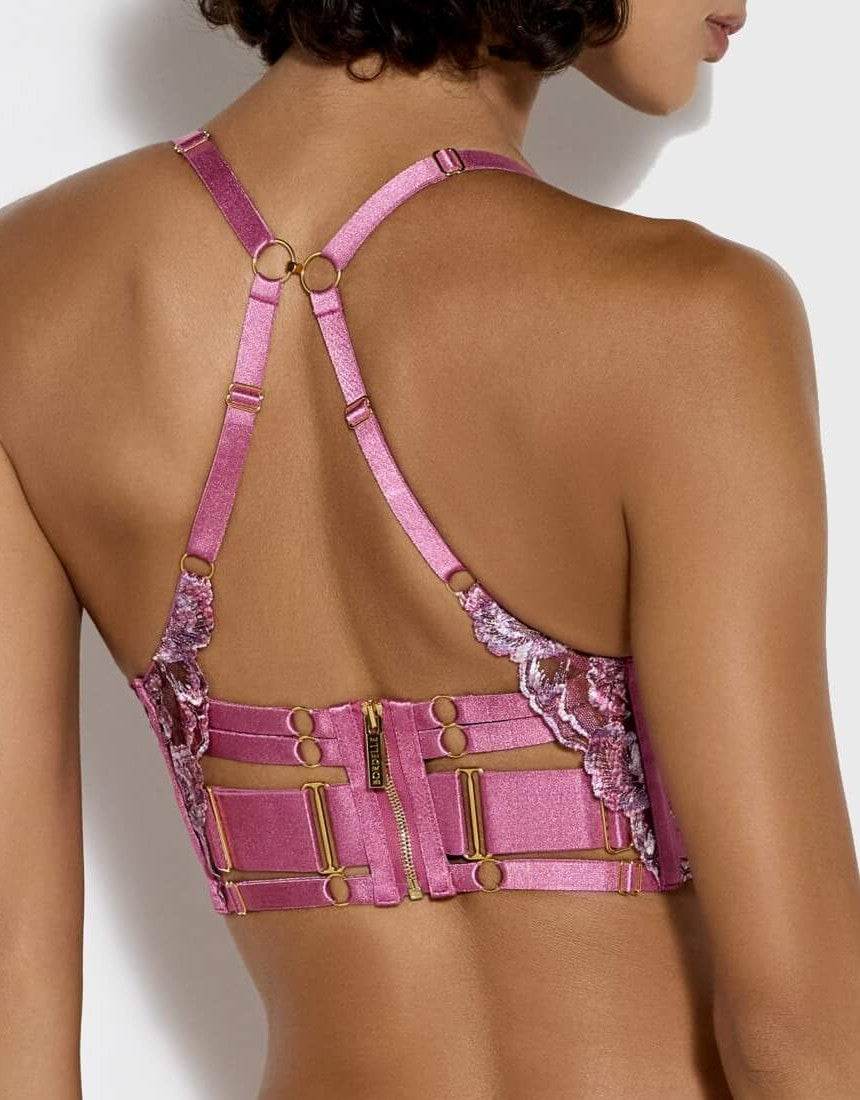 Bordelle Siren Longline Bodice Bra abd collar  in raspberry embroidered tulle with 24k gold-plated shell details – luxury lingerie at Catriona