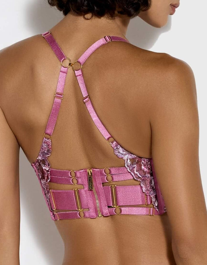 Bordelle Siren Longline Bodice Bra abd collar  in raspberry embroidered tulle with 24k gold-plated shell details – luxury lingerie at Catriona