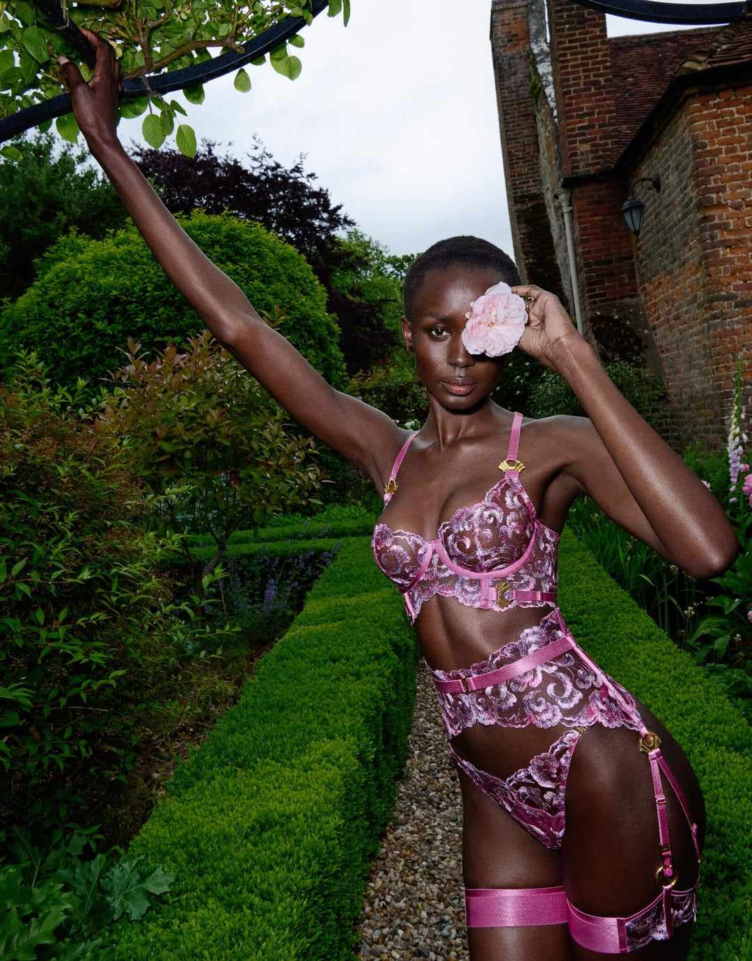 Bordelle Siren long line bra, Suspender , thong and garters in raspberry embroidered lace – luxury lingerie at Catriona