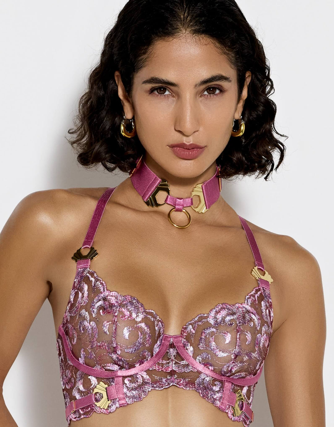 Bordelle Siren Longline Bodice Bra abd collar  in raspberry embroidered tulle with 24k gold-plated shell details – luxury lingerie at Catriona