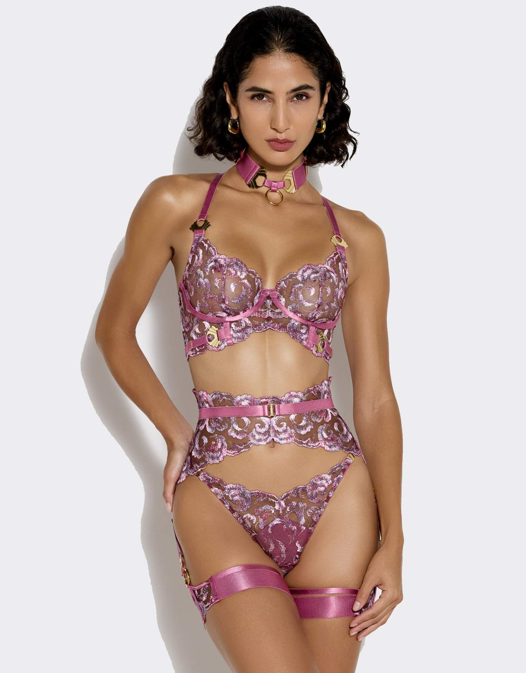 Bordelle Siren long line bra, Suspender , thong and garters in raspberry embroidered lace – luxury lingerie at Catriona