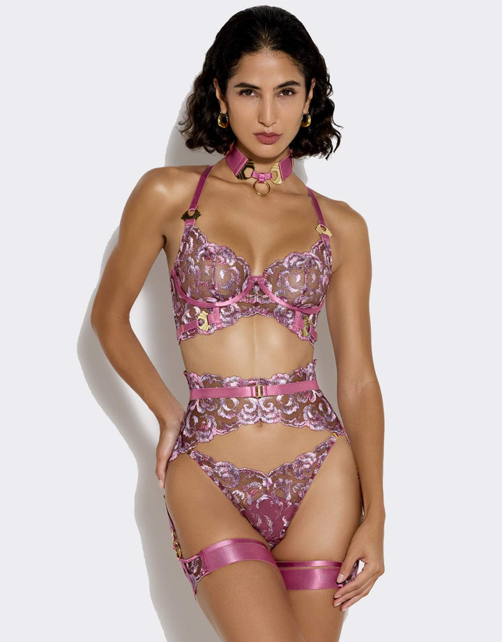 Bordelle Siren long line bra, Suspender , thong and garters in raspberry embroidered lace – luxury lingerie at Catriona