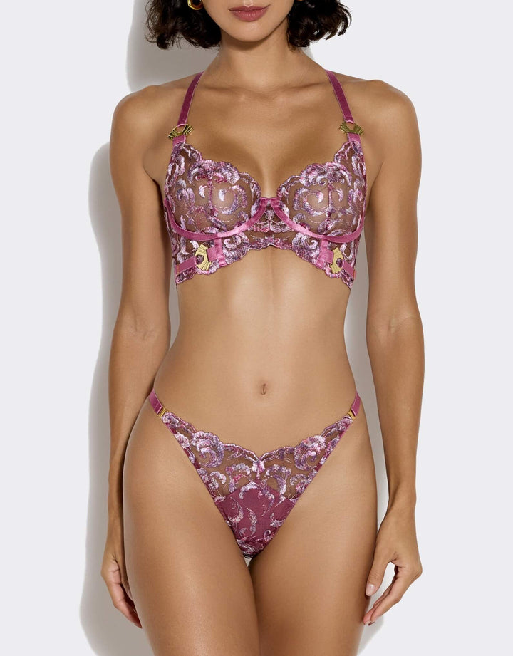 Bordelle Siren long line bra and Strap Thong Raspberry – Luxury Embroidered Lingerie