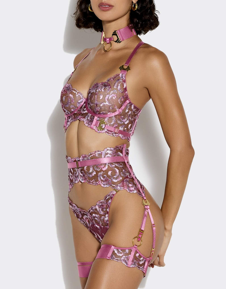 Bordelle Siren long line bra, Suspender , thong and garters in raspberry embroidered lace – luxury lingerie at Catriona