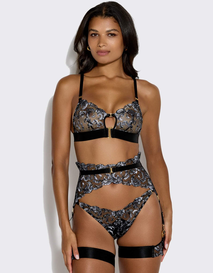 Bordelle Siren collection in black embroidered lace with 24k gold-plated shells – luxury lingerie at Catriona