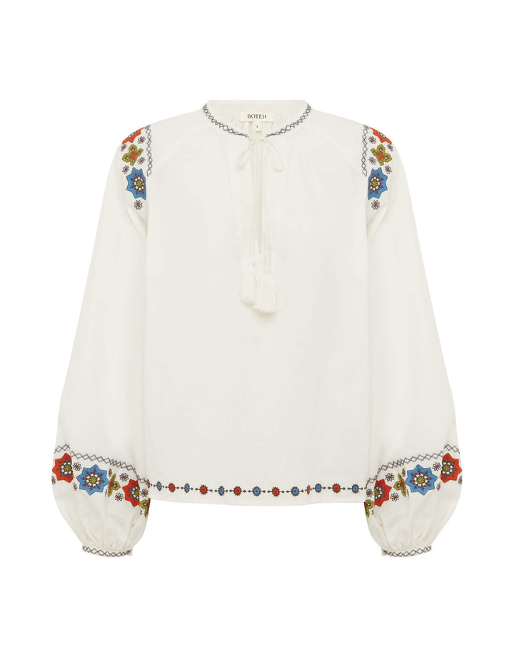Castela Embroidered Smock Blouse in Cream White