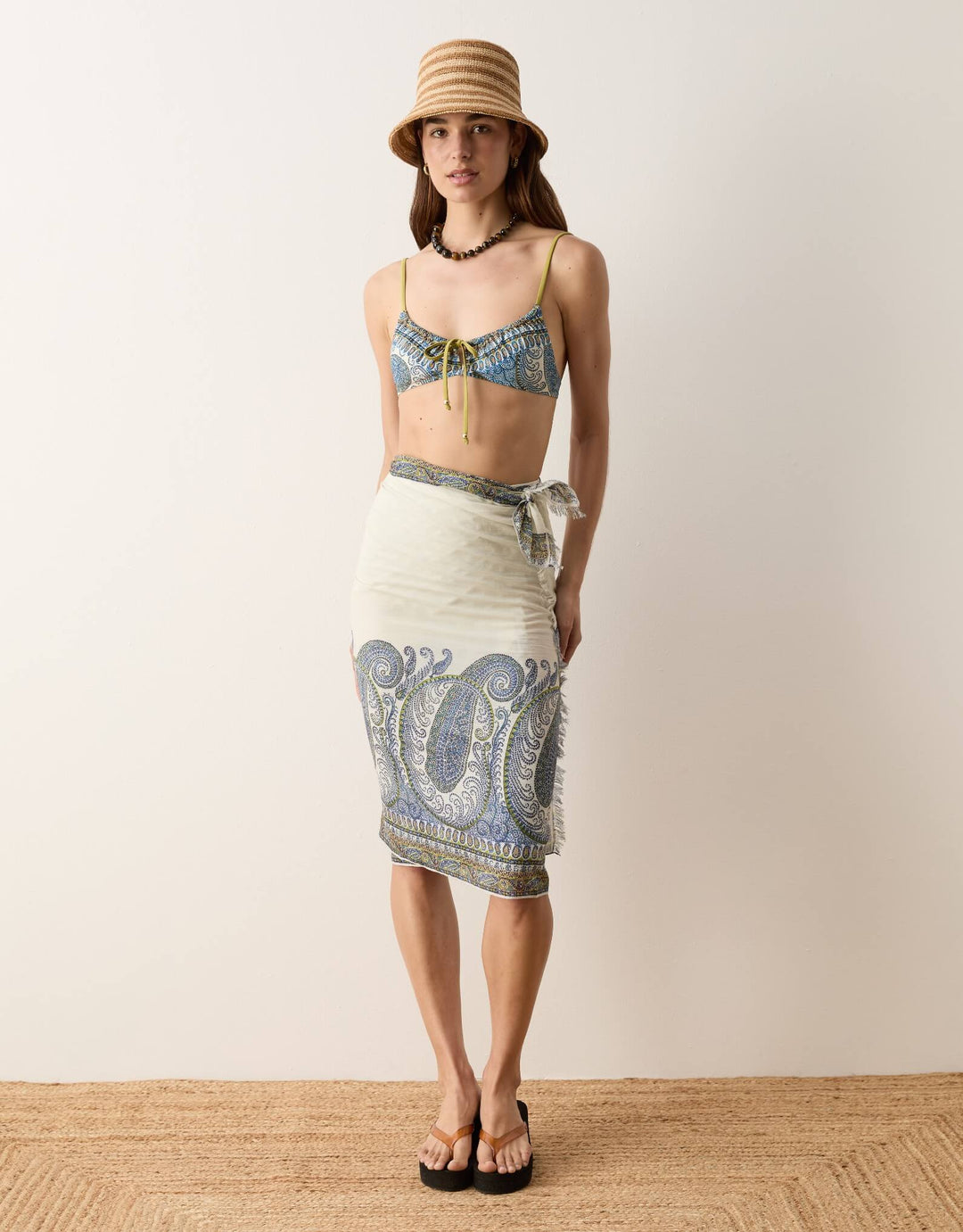 BOTEH Arcadia Paisley Pareo Lazuli sarong and gathered bikini top front