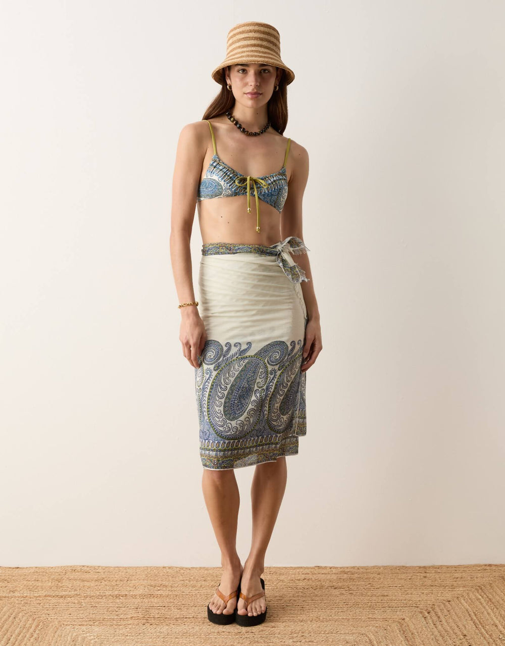 BOTEH Arcadia Paisley Pareo Lazuli sarong and gathered bikini top front