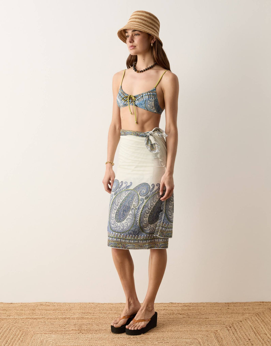 BOTEH Arcadia Paisley Pareo Lazuli sarong and gathered bikini top front