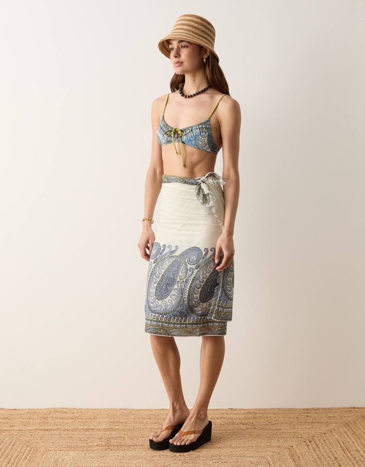 BOTEH Arcadia Paisley Pareo Lazuli sarong and gathered bikini top front