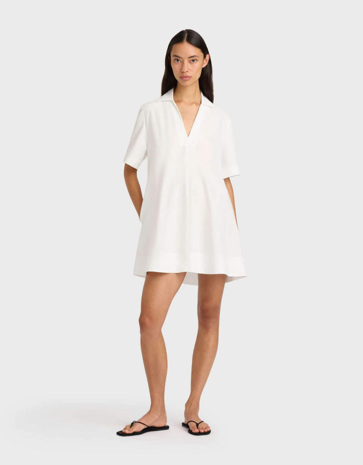 Bondi Born Kyoto short sleeve mini dress in white, front view