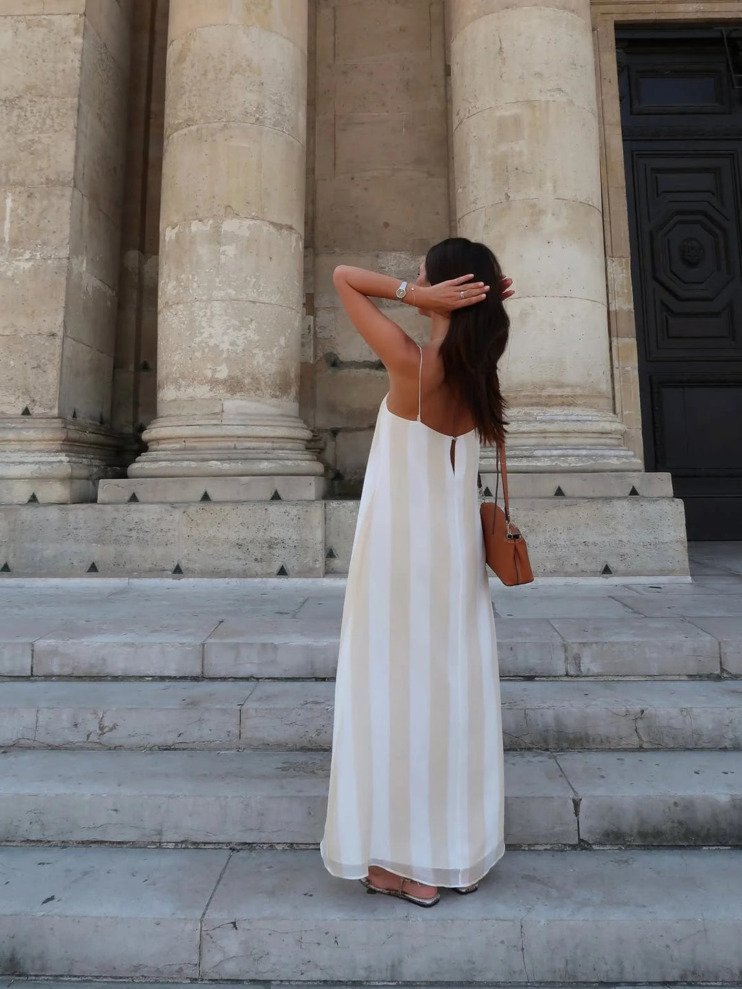 Bondi Born Capri Silk Chiffon Cami Dress in Ecru Stripe silk maxi dress