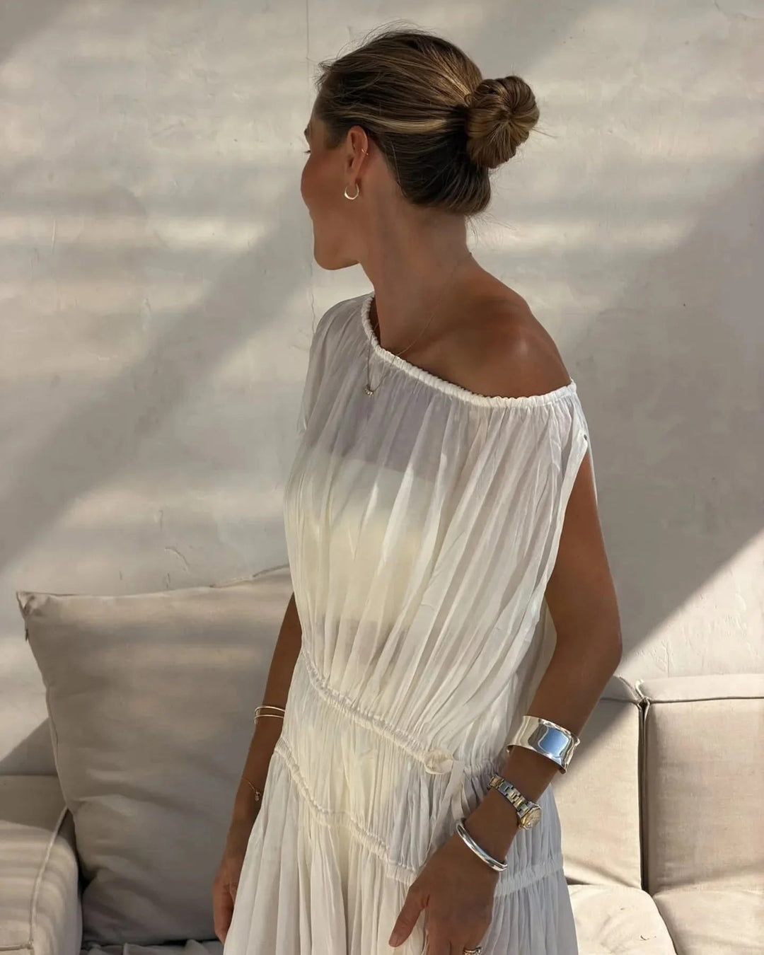 Bondi Born Cremona Balloon Dress in White sheer cover-up dress